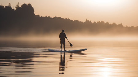 Silhouette of a man on a stand up paddle board on a lake at sunriseの素材