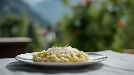 Risotto with parmesan cheese on a plate on a tableの素材
