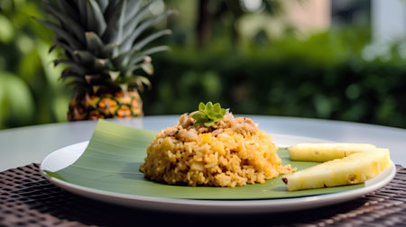 Pineapple fried rice on a green plate with pineapplesの素材