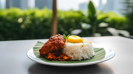 Fried chicken fillet with rice and fried egg on white plateの素材