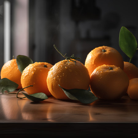 Ripe tangerines with leaves on a wooden table in the kitchenの素材