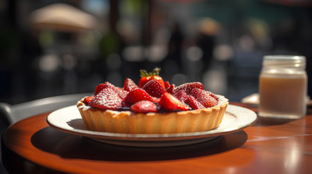 Strawberry tart on a wooden table in a cafe. Selective focus.の素材