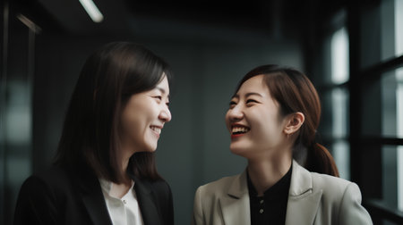 Two young Asian businesswomen talking and laughing together in the office.の素材