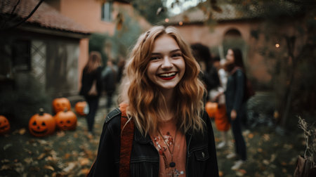 Portrait of a beautiful young woman on the background of Halloween decorations.の素材