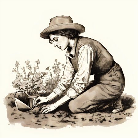 Gardener planting flowers in the garden. Hand drawn illustration.の素材