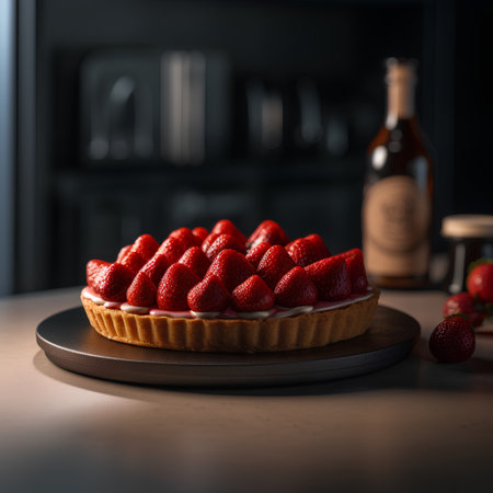 Tart with strawberries on a dark background. Selective focus.の素材
