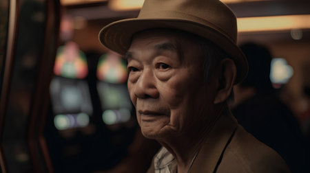 Portrait of an elderly Japanese man in a hat. Selective focus.の素材