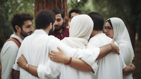 Group of Muslim people standing in a row in the park and prayingの素材