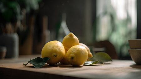 Fresh lemons on a wooden table in the kitchen. Selective focus.の素材