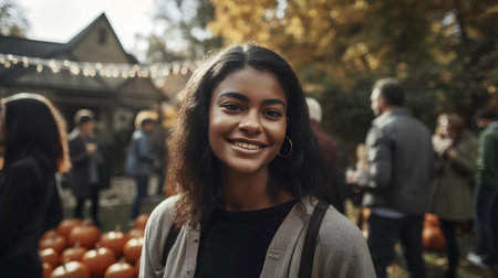 Portrait of a beautiful smiling african american woman in autumn parkの素材