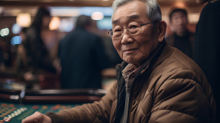 Portrait of senior man playing roulette in casino. Elderly people leisure activity concept.の素材