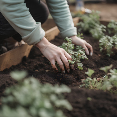 Woman planting seedlings in the garden. Selective focus. nature.の素材