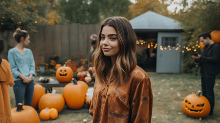beautiful young woman in halloween costume smiling at camera while standing near pumpkins in yardの素材