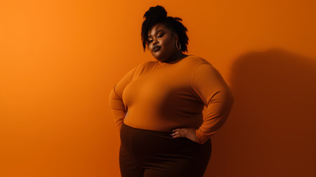 Overweight african american woman in orange sweater on orange backgroundの素材