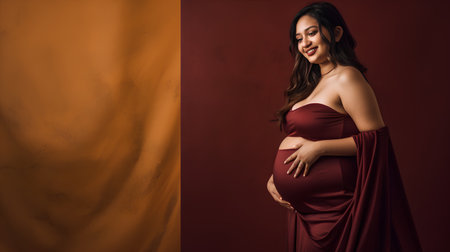 Beautiful pregnant woman in a red dress on a red background.の素材