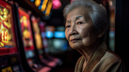 Portrait of an elderly Asian woman in a casino at night.の素材