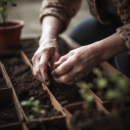 Elderly woman planting seedlings in peat pots at homeの素材