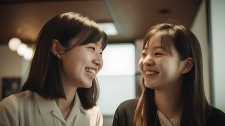 Happy Asian mother and daughter looking at each other and laughing together.の素材