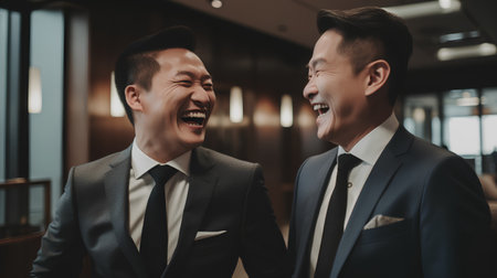 Two Asian businessmen are laughing and having fun together in the office.の素材