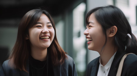 Two young asian business women talking and laughing in the city.の素材