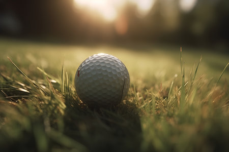 Golf ball on green grass at sunset. Focus on golf ballの素材