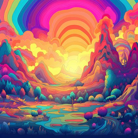 Autumn landscape with river, forest and rainbow. Colorful vector illustration.の素材