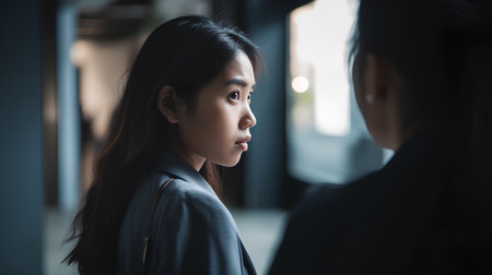 Young businesswoman talking to her colleague while standing in corridor at officeの素材