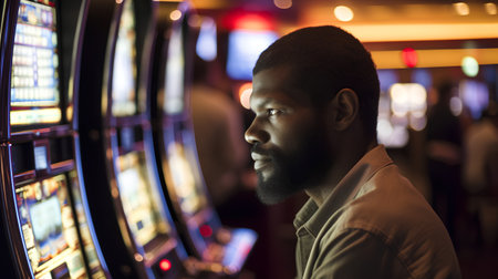 Side view of african american man playing slot machine in casinoの素材