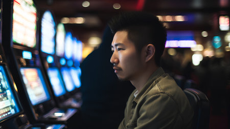 Young asian man playing slot machine in casino, gambling concept.の素材