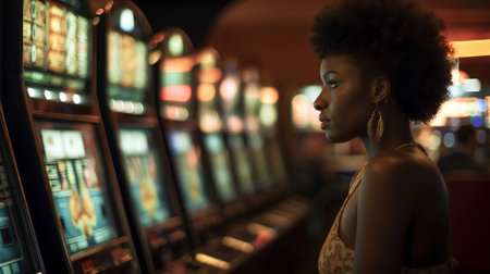 Young african american woman playing slot machine in casino at nightの素材