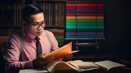 Young Asian man reading a book in a library. Education concept.の素材