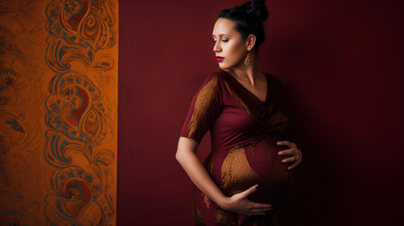 Pregnant woman. Beautiful young pregnant woman looking at her belly while standing against red wallの素材