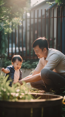 Asian father and son are planting flowers in the garden. Happy family concept.の素材