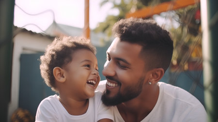Portrait of a happy mixed race father and his little son laughing togetherの素材