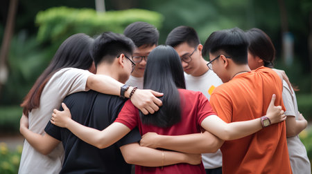 Group of friends standing in the park and looking at each other.の素材