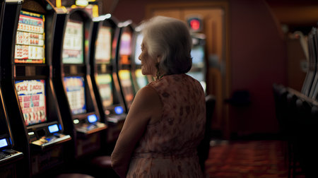 Woman playing slot machine in casino. Back view of woman in evening dress.の素材