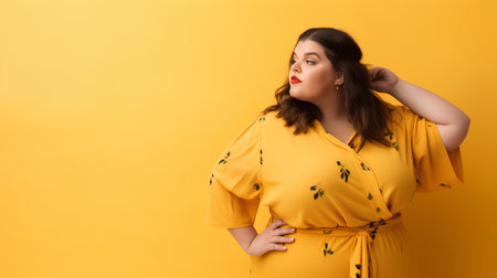 beautiful overweight woman in yellow dress posing on yellow background with copy spaceの素材