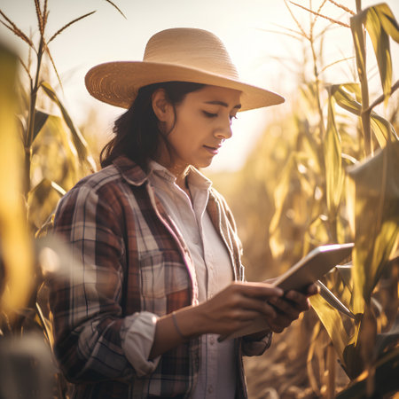 Young agronomist woman in hat using tablet in corn fieldの素材