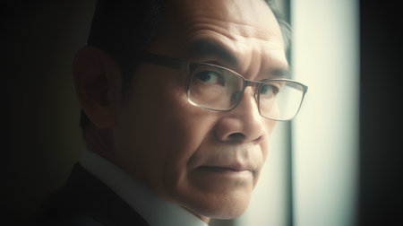 Closeup portrait of mature Asian businessman with eyeglasses looking awayの素材