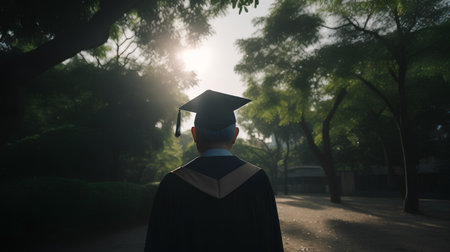 Back view of a graduation man in cap and gown standing in the parkの素材