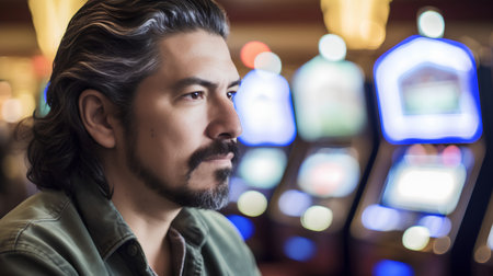Portrait of a handsome young man with long hair and beard in a casino.の素材