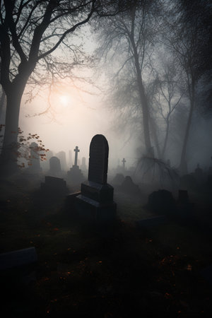 Gravestone in a foggy graveyard at sunrise. Halloween backgroundの素材