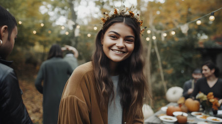 Portrait of a beautiful young asian woman with a wreath on her head sitting at a table in the autumn forestの素材