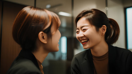 Two businesswomen talking and laughing together in office. Business people concept.の素材