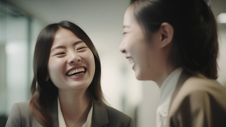 two asian businesswomen talking and laughing together in a modern officeの素材