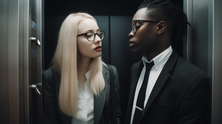 two young businesswomen in suits and glasses looking at each other in elevatorの素材