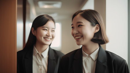 Two asian businesswomen standing in front of the window and smiling.の素材