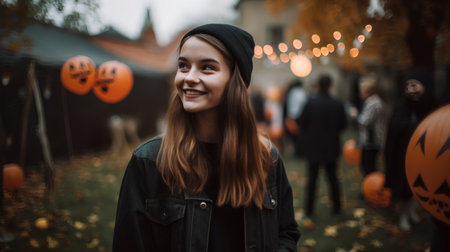 Portrait of a beautiful girl in a black hat on the background of the halloween decorationsの素材