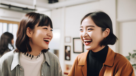 Two asian business women laughing and looking at each other in officeの素材