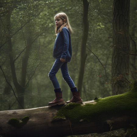 A young girl is standing on a fallen tree in the forest.の素材